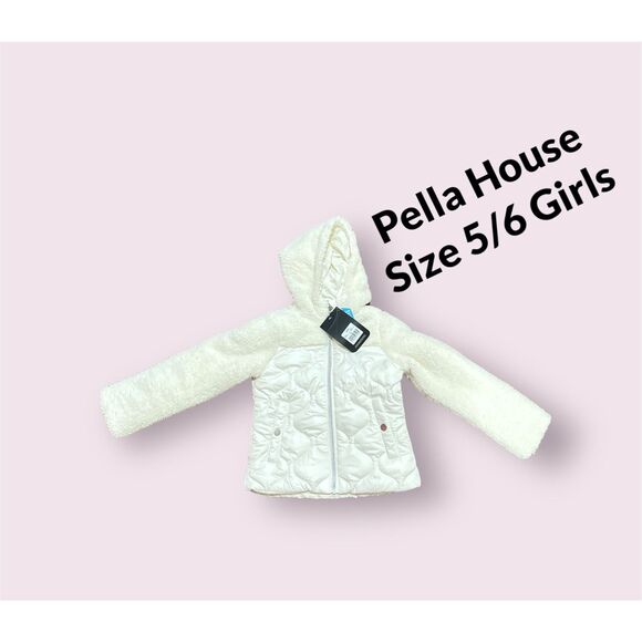 Swiss Alps Girls Hooded Quilted Fleece Jacket Size 5-6 Full Zip Vanilla Pockets - Picture 1 of 5